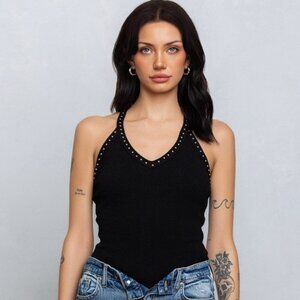 Studded V-neck Ribbed Tank Top - Black